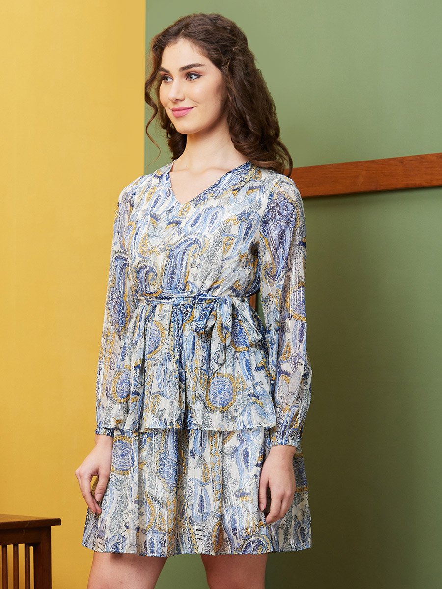 Women Blue Paisley Print V Neck Layered A-Line Mini Dress