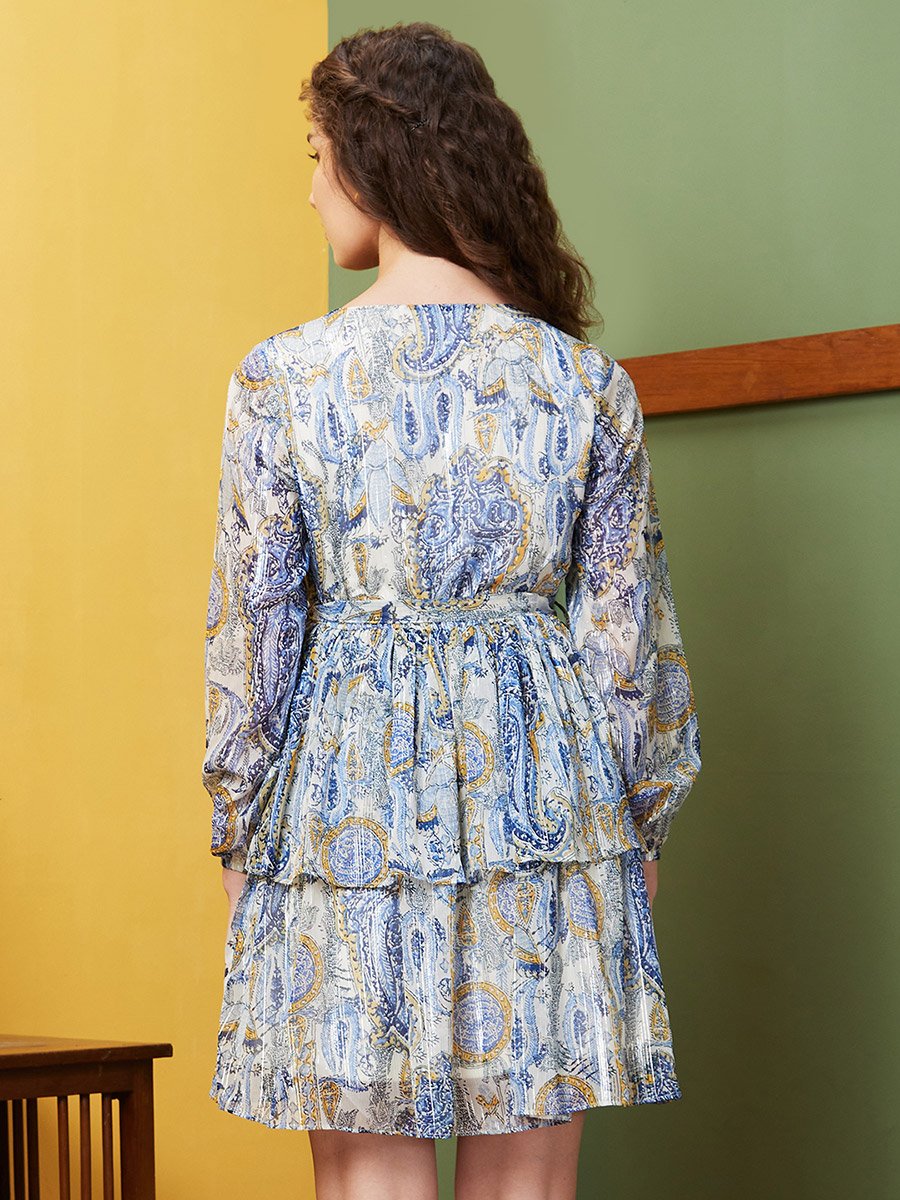 Women Blue Paisley Print V Neck Layered A-Line Mini Dress