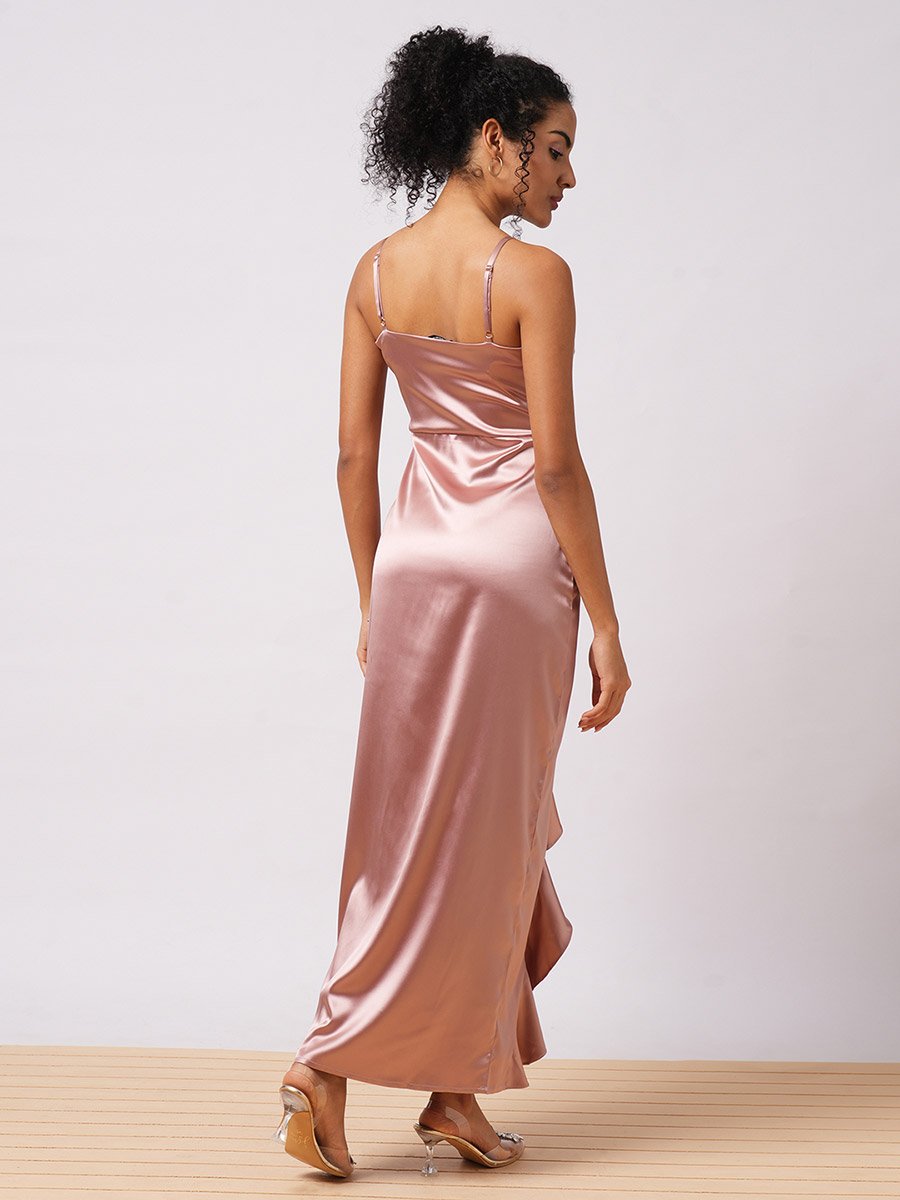 Women Pink Solid Satin Asymmetric Hem Sheath Maxi Dress with Ruffle Detail
