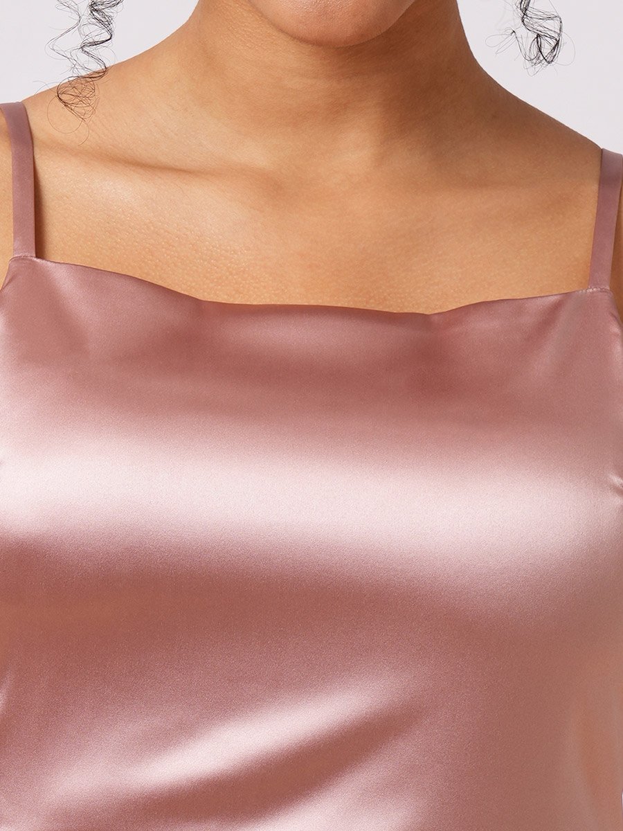 Women Pink Solid Satin Asymmetric Hem Sheath Maxi Dress with Ruffle Detail