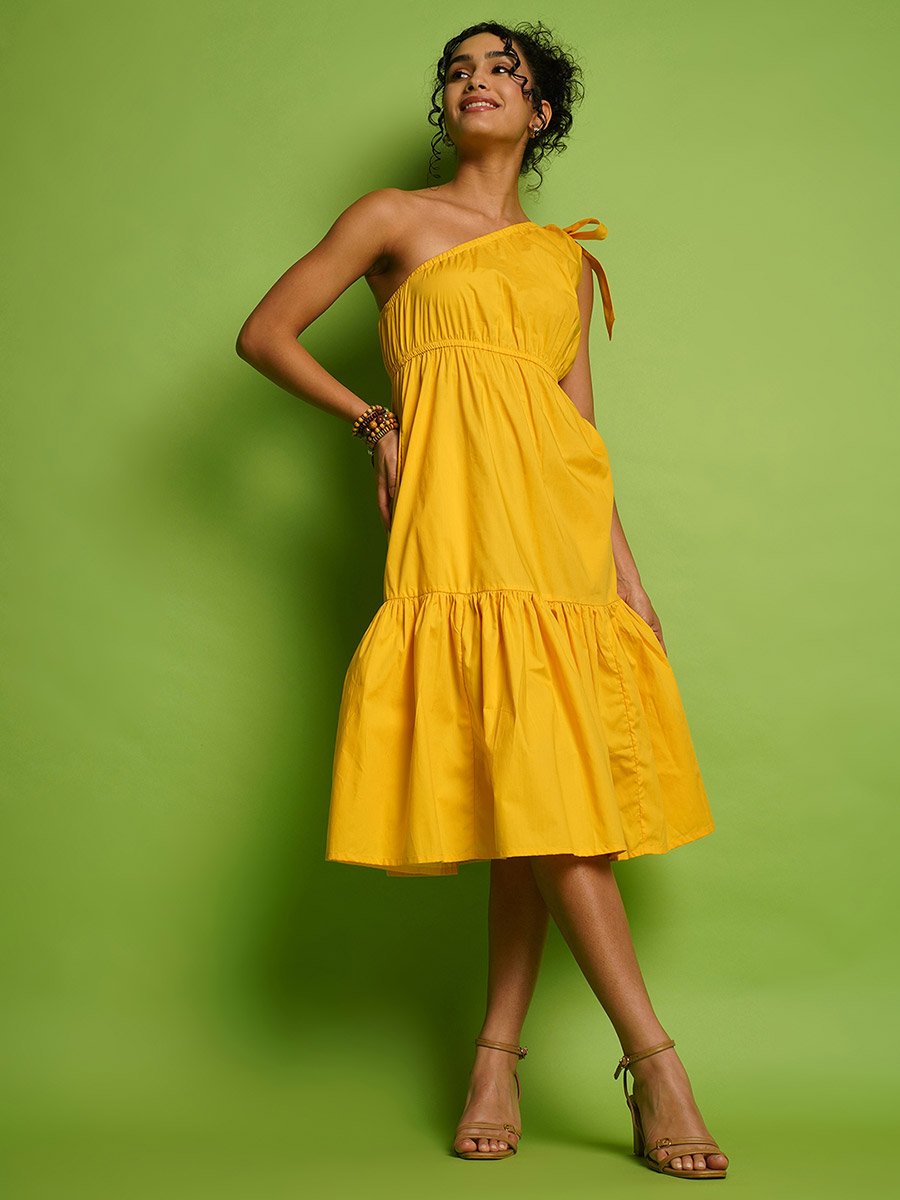 Women Yellow Solid One Shoulder Tie-Up A-Line Midi Dress For Women at Kuwait | Styli Women Yellow Solid One Shoulder Tie-Up A-Line Midi Dress For Women at Kuwait | Styli