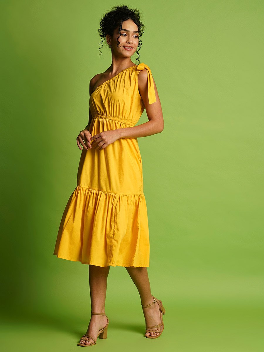 Women Yellow Solid One Shoulder Tie-Up A-Line Midi Dress