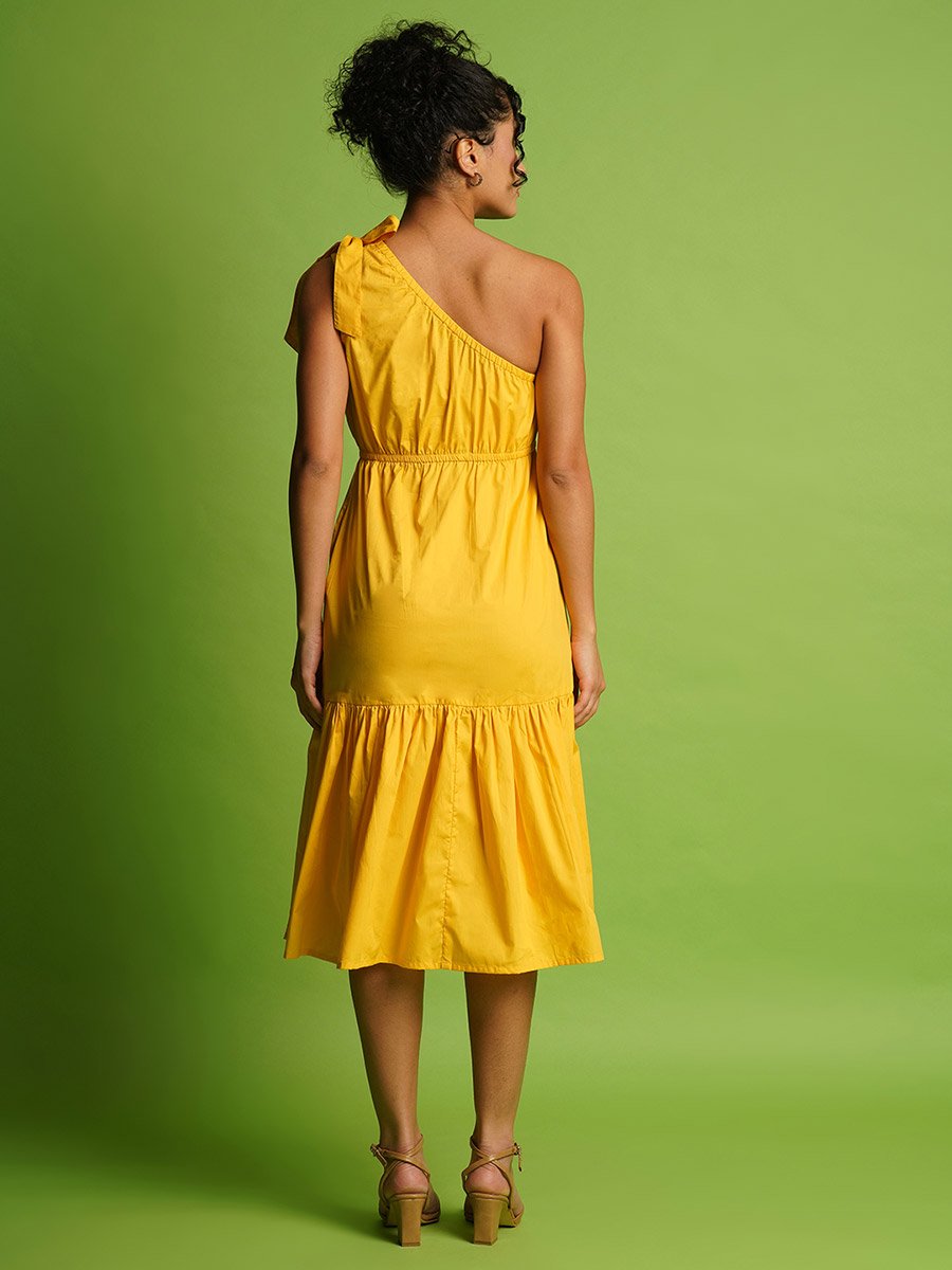 Women Yellow Solid One Shoulder Tie-Up A-Line Midi Dress