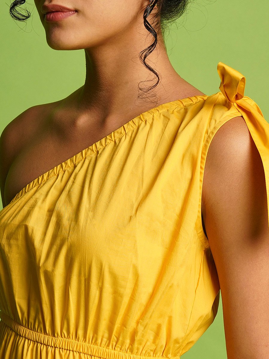 Women Yellow Solid One Shoulder Tie-Up A-Line Midi Dress
