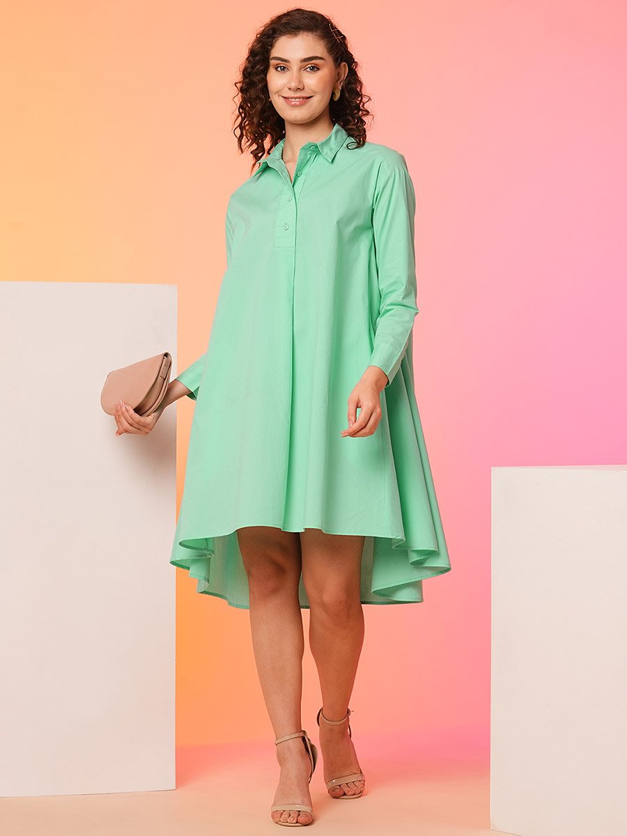 Women Green Solid Asymmetric Hem Shirt Mini Dress
