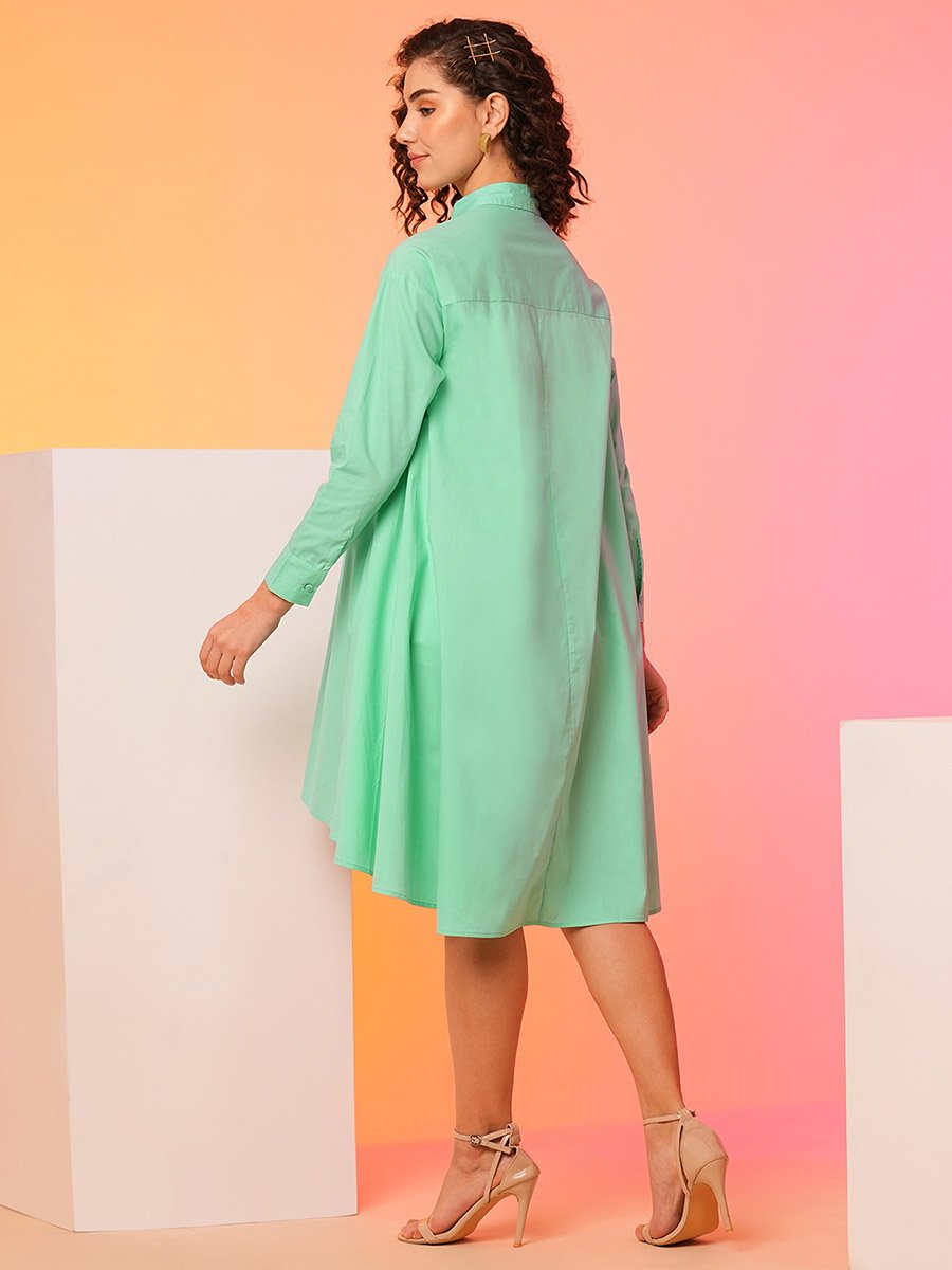 Women Green Solid Asymmetric Hem Shirt Mini Dress