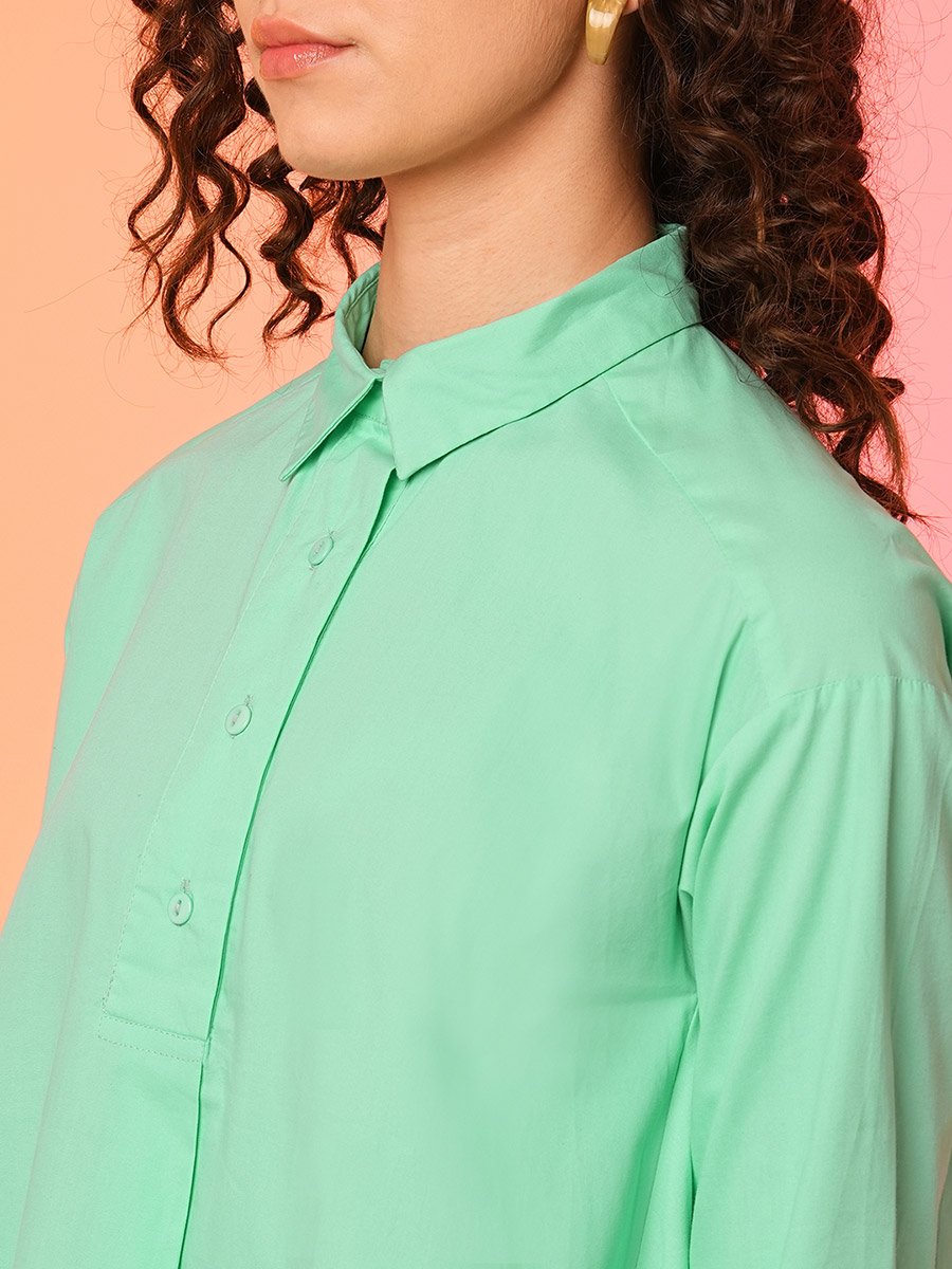 Women Green Solid Asymmetric Hem Shirt Mini Dress