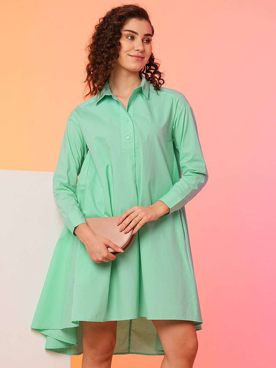 Women Green Solid Asymmetric Hem Shirt Mini Dress