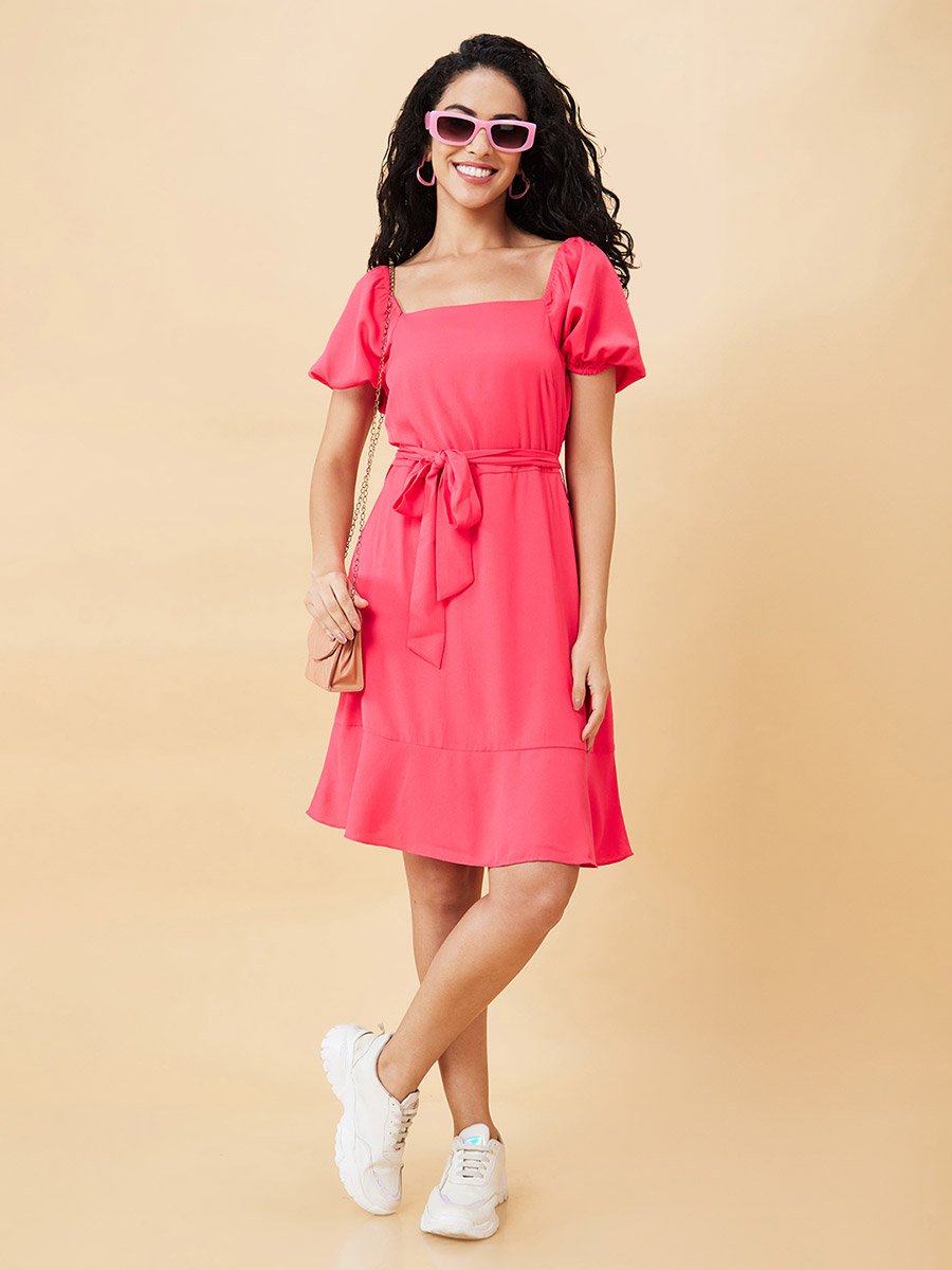 Women Pink Solid Square Neck A-Line Knee-Length Dress
