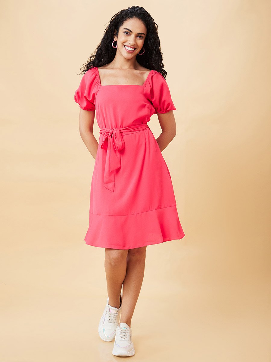 Women Pink Solid Square Neck A-Line Knee-Length Dress
