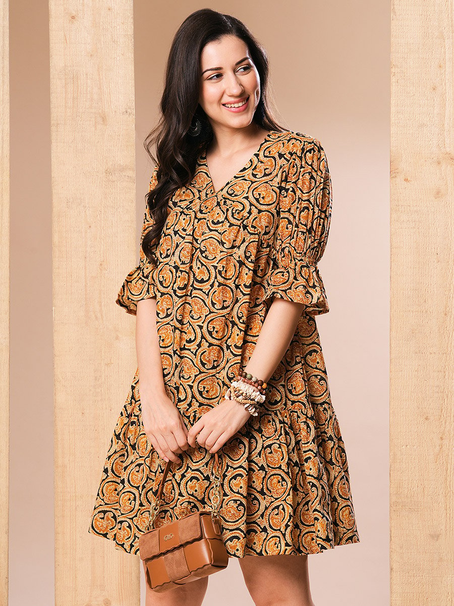 Women Mustard Paisley Printed V Neck A-Line Mini Dress