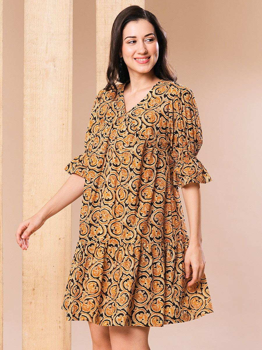 Women Mustard Paisley Printed V Neck A-Line Mini Dress
