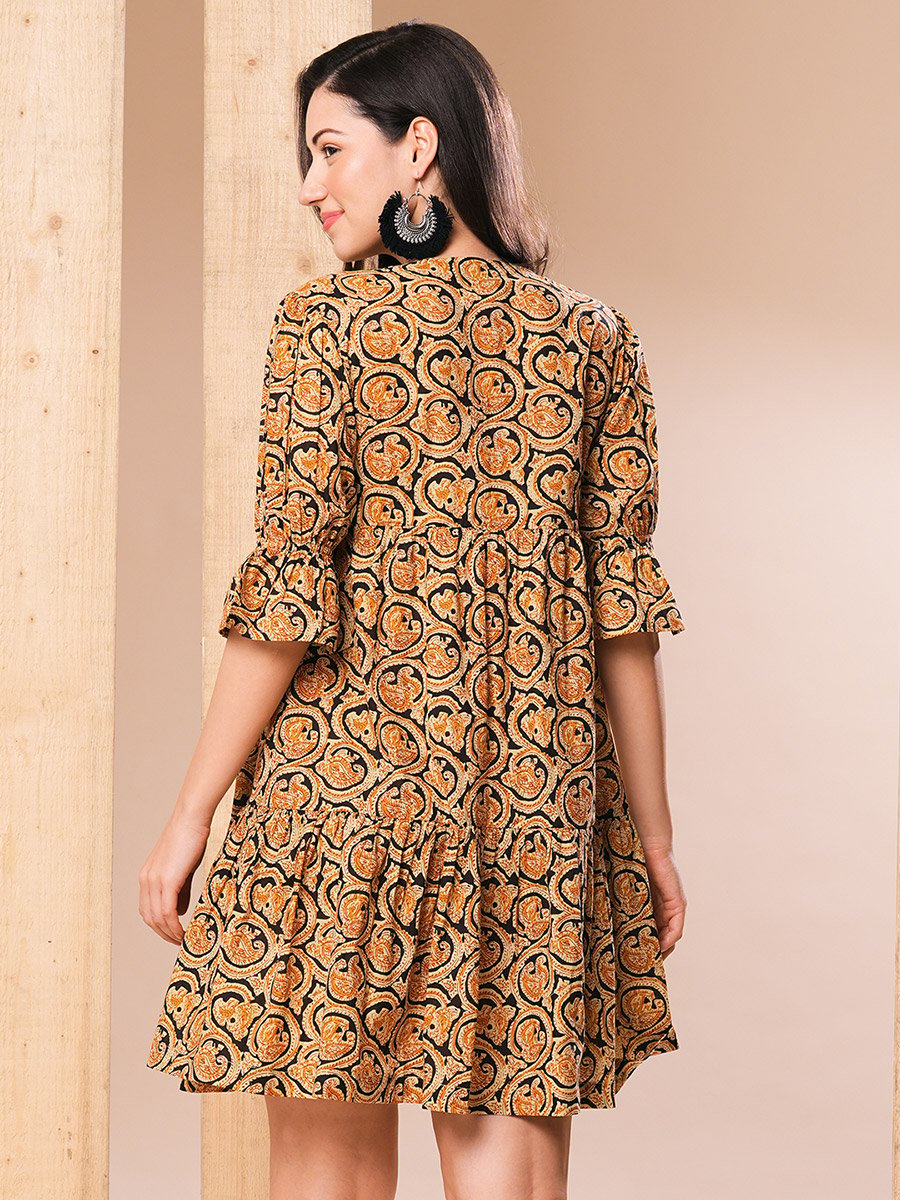 Women Mustard Paisley Printed V Neck A-Line Mini Dress