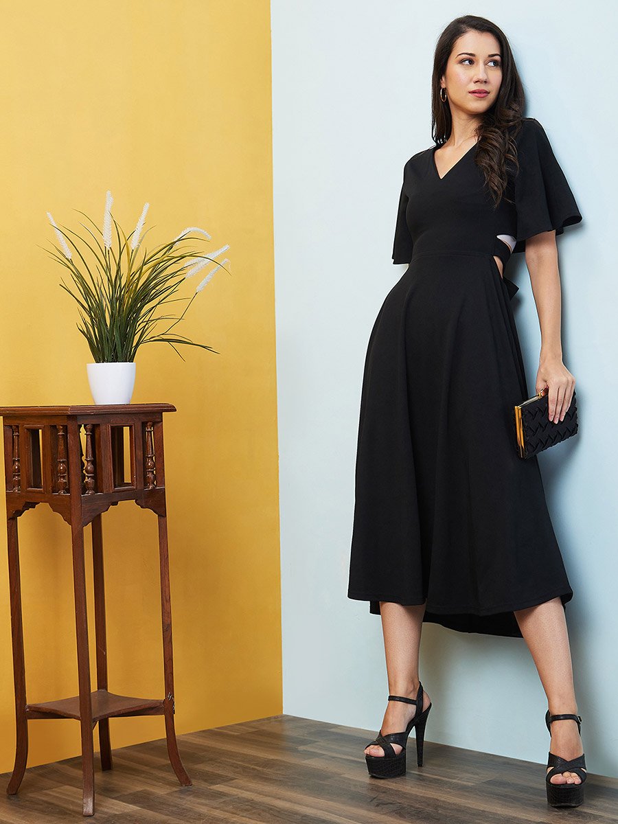 Women Black Solid V Neck A-Line Midi Dress with Cut Out Back