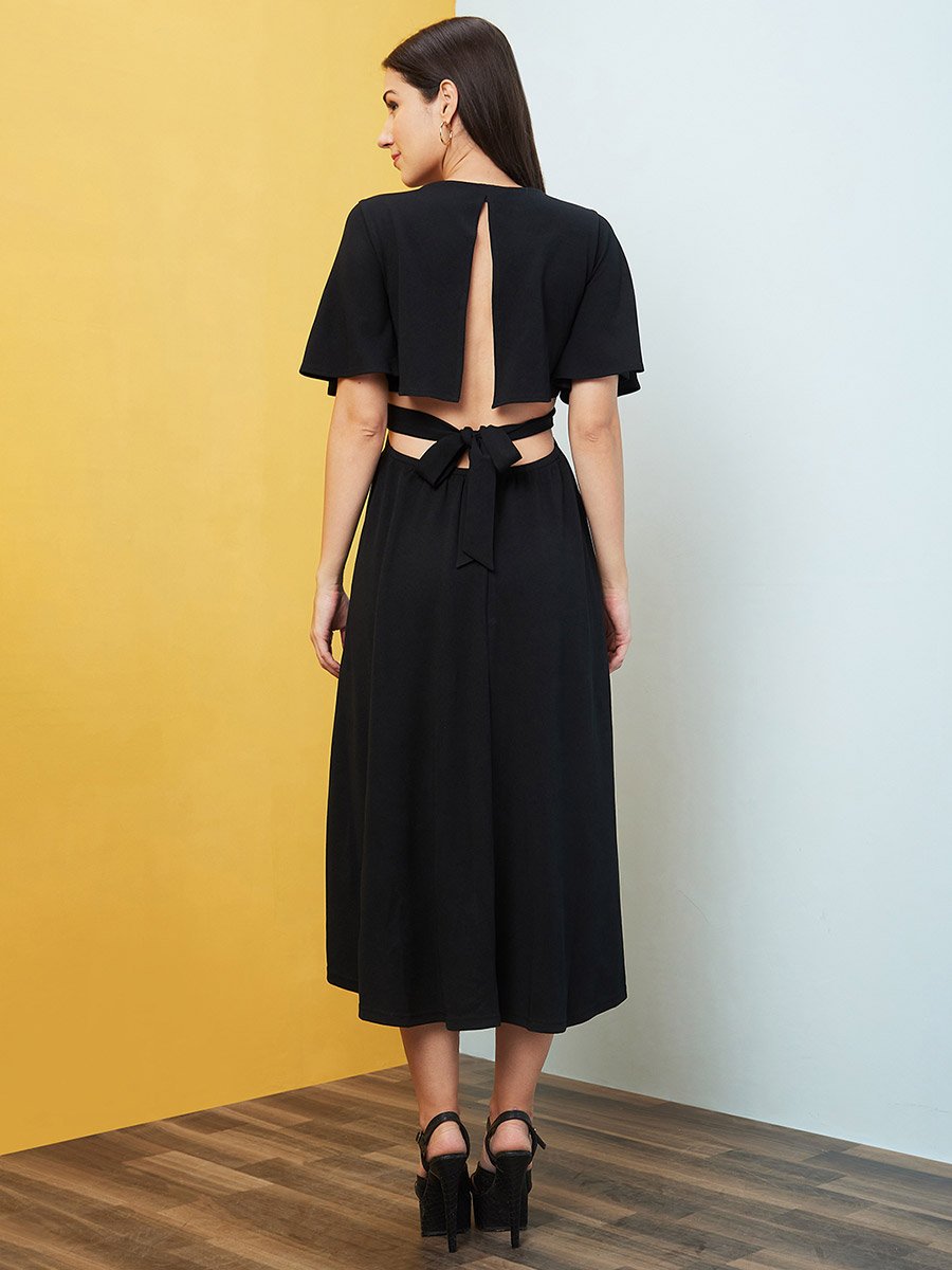 Women Black Solid V Neck A-Line Midi Dress with Cut Out Back