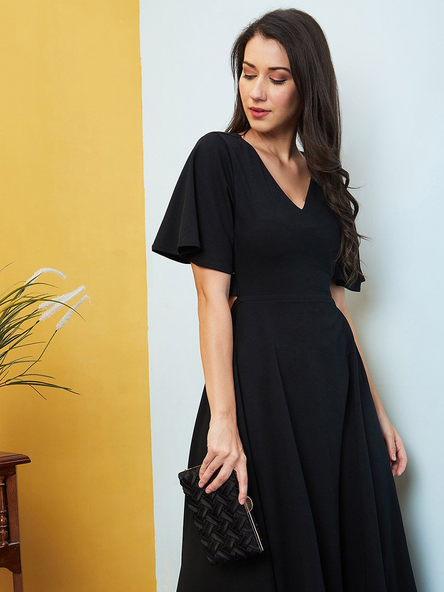Women Black Solid V Neck A-Line Midi Dress with Cut Out Back