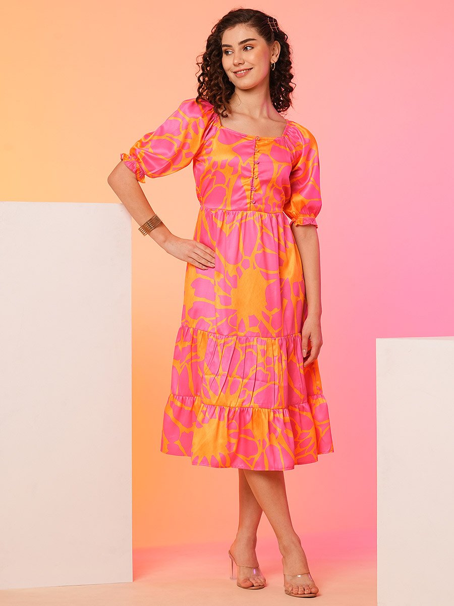 Women Floral Printed Puff Sleeves A-Line Midi Dress