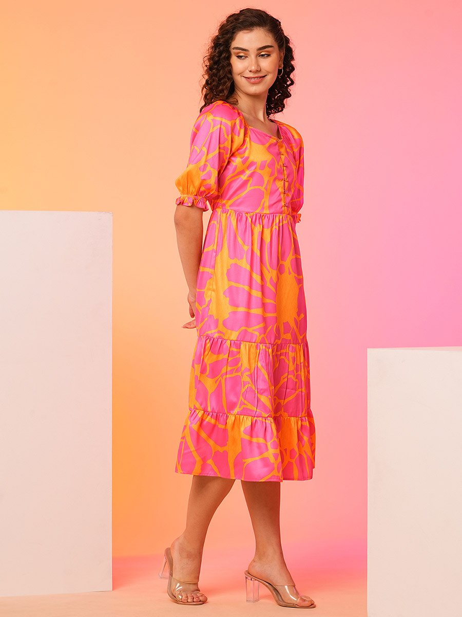 Women Floral Printed Puff Sleeves A-Line Midi Dress
