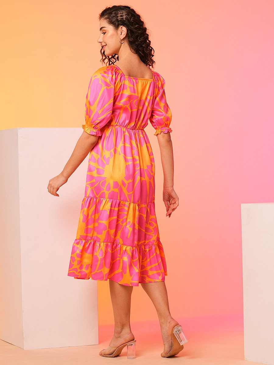 Women Floral Printed Puff Sleeves A-Line Midi Dress