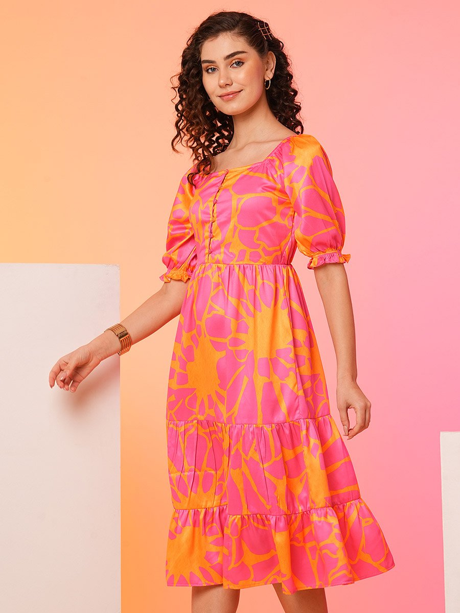 Women Floral Printed Puff Sleeves A-Line Midi Dress