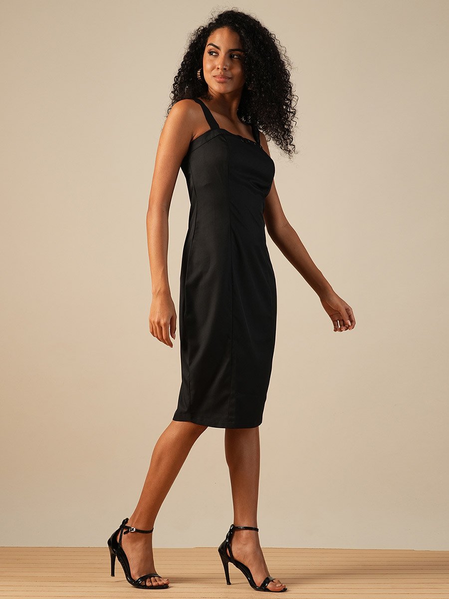 Women Black Solid Strappy Sheath Midi Dress with Buckle Detail
