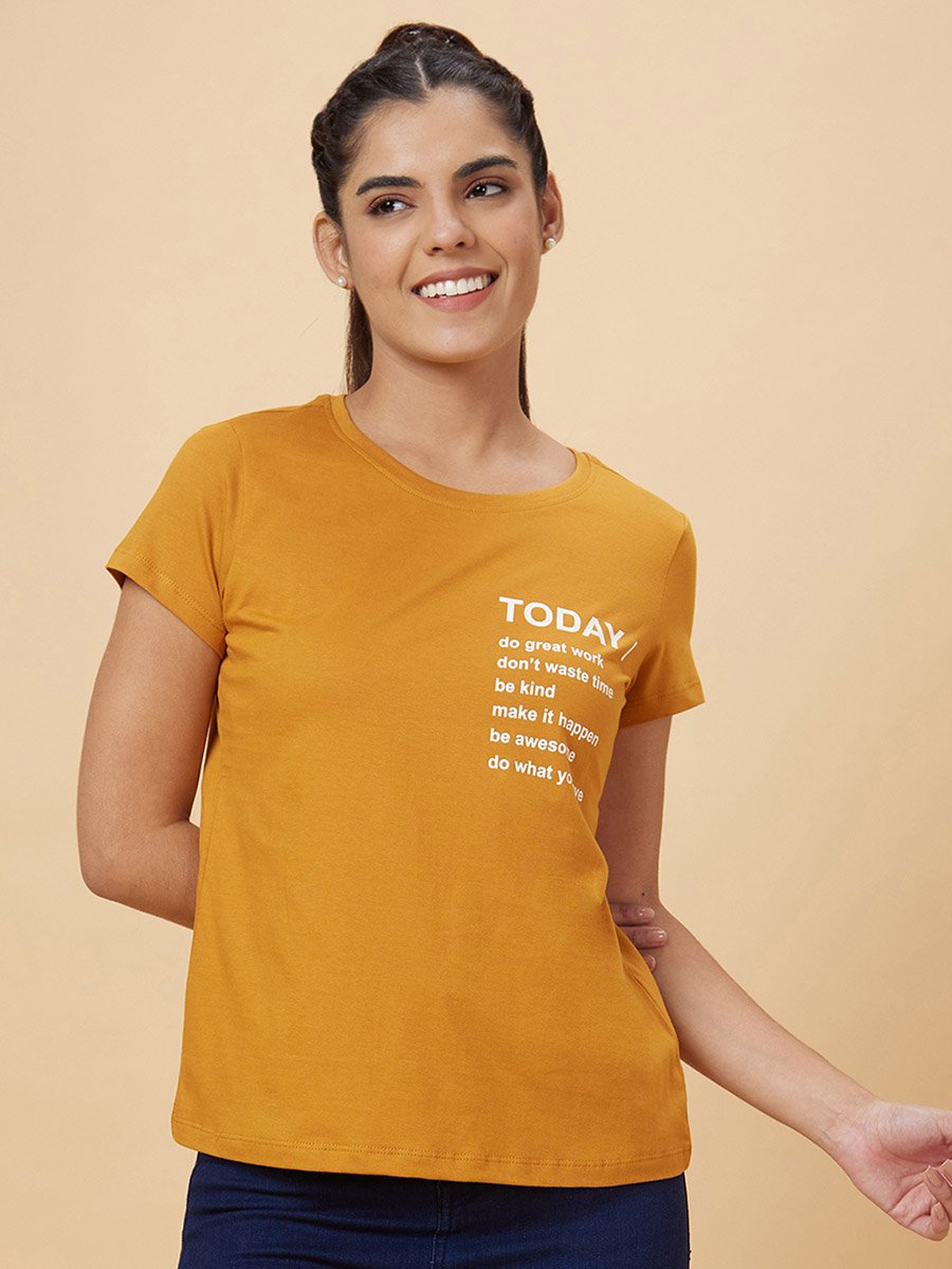 Slogan Print Round Neck Cotton T-Shirt