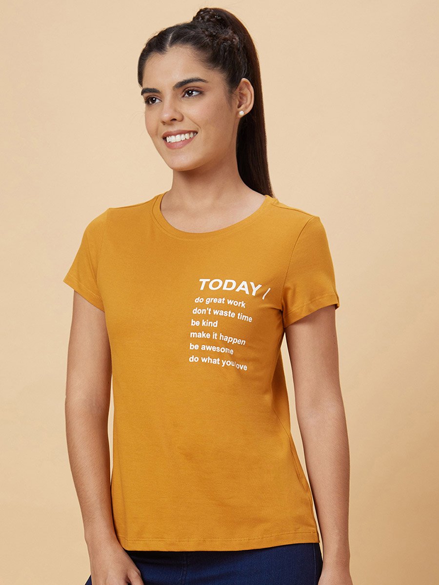 Slogan Print Round Neck Cotton T-Shirt
