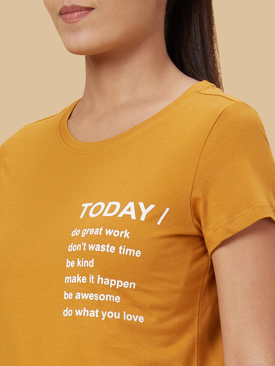 Slogan Print Round Neck Cotton T-Shirt