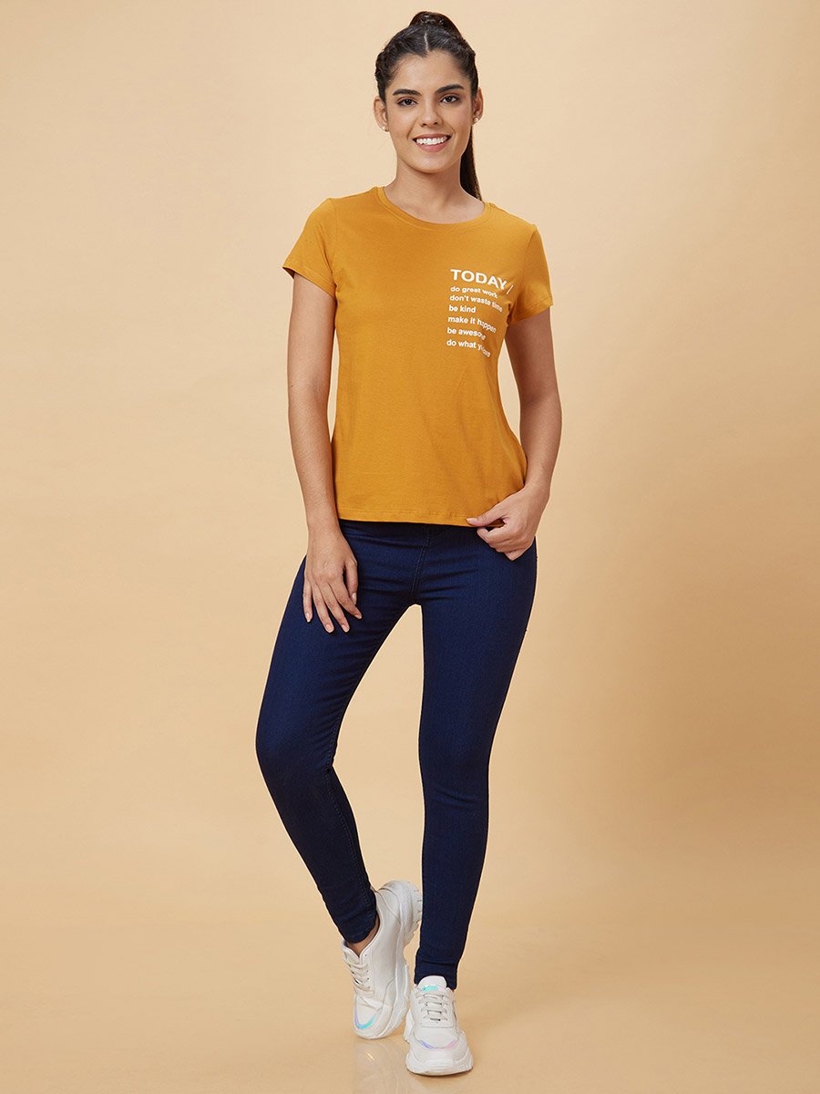 Slogan Print Round Neck Cotton T-Shirt