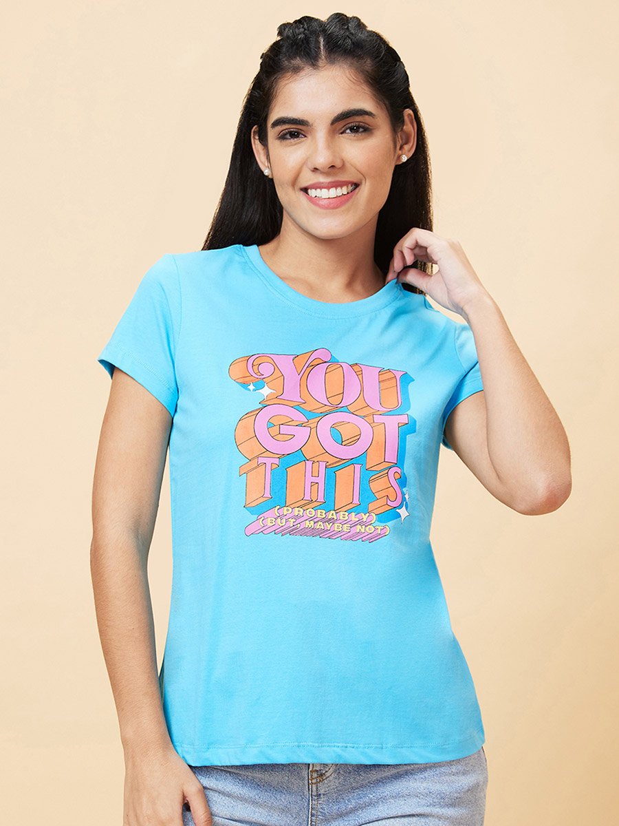 Slogan Print Round Neck Cotton T-Shirt