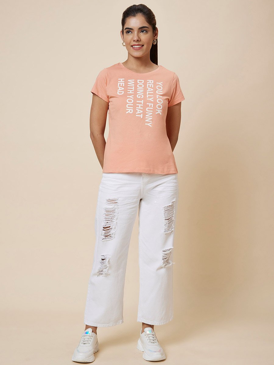 Slogan Print Round Neck Cotton Boxy Fit T-Shirt