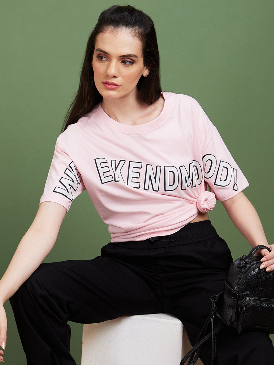 Slogan Print Round Neck Cotton Boxy Fit T-Shirt