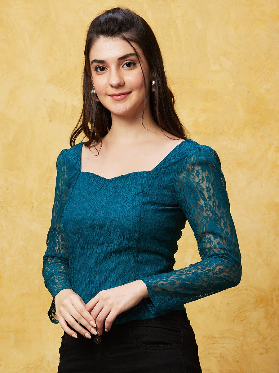 Sweetheart Neck Puff Sleeves Lace Top