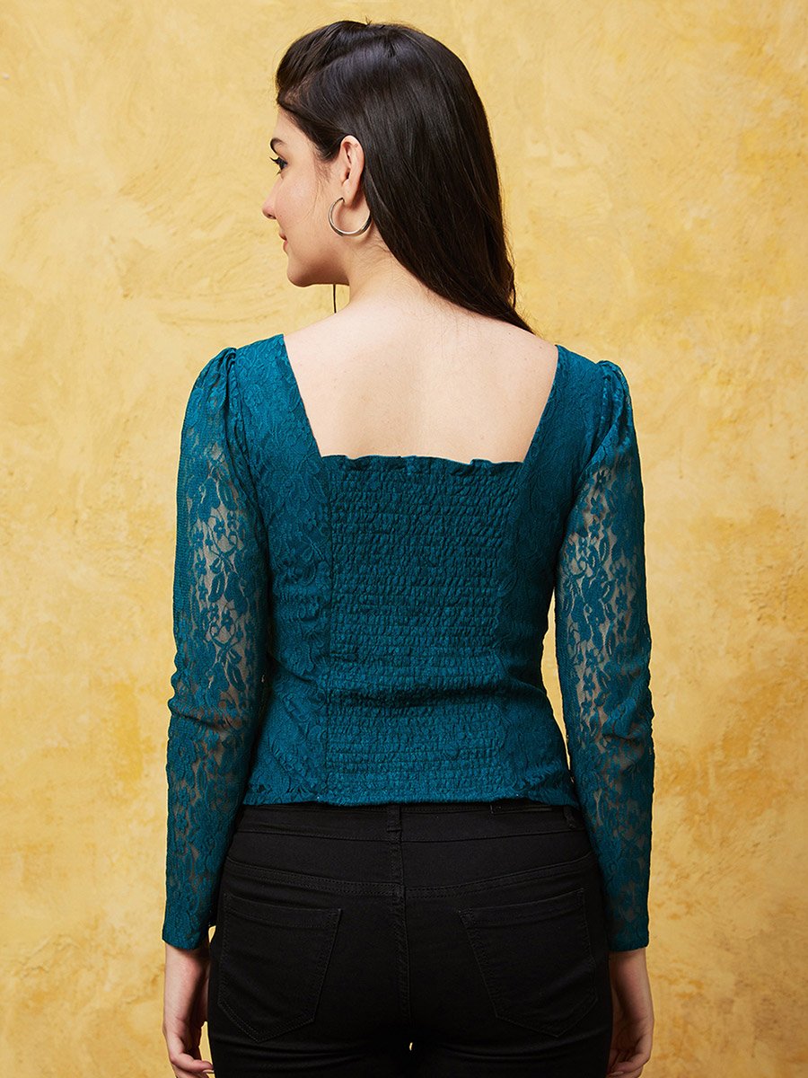 Sweetheart Neck Puff Sleeves Lace Top