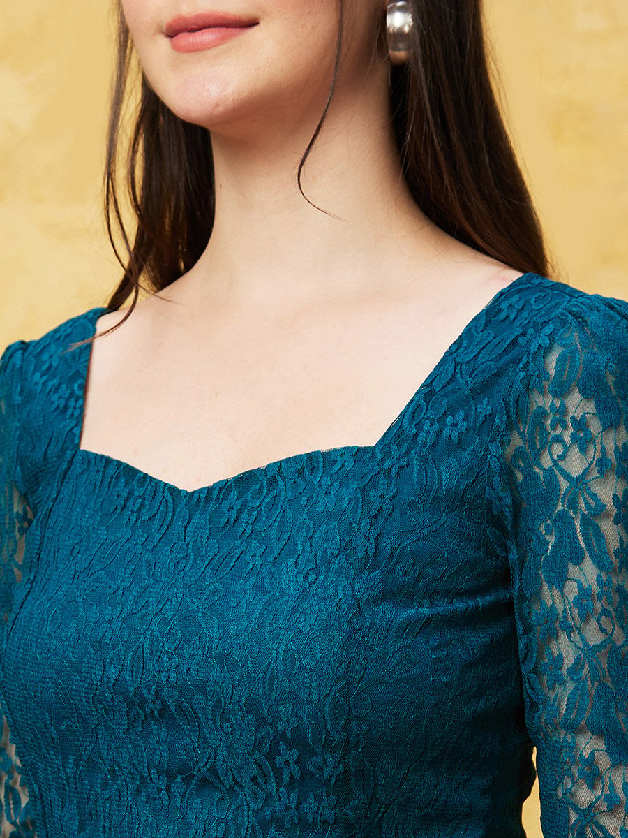 Sweetheart Neck Puff Sleeves Lace Top