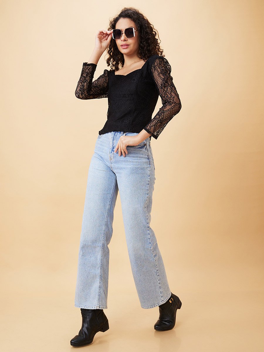 Sweetheart Neck Puff Sleeves Lace Top