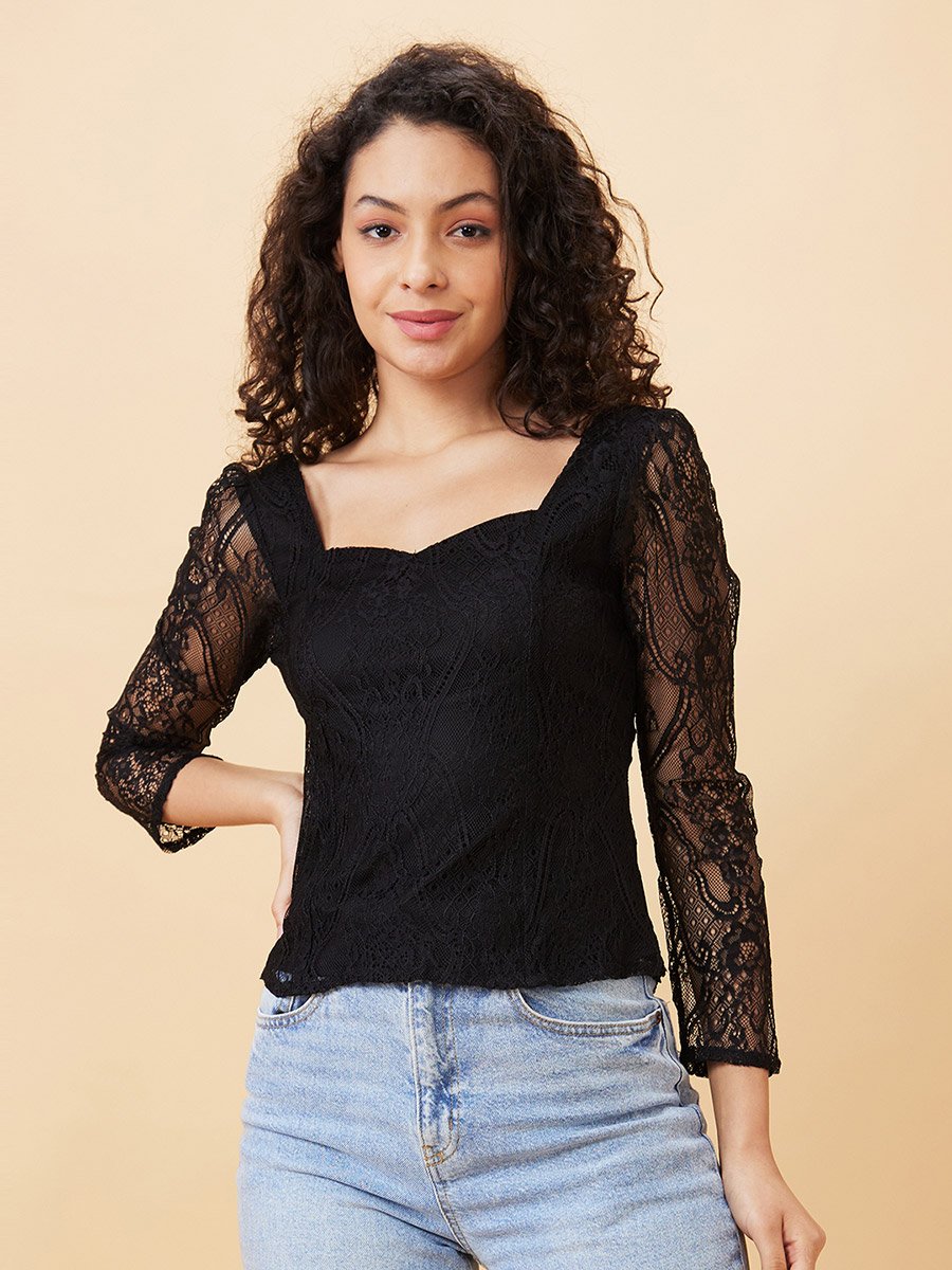Sweetheart Neck Puff Sleeves Lace Top