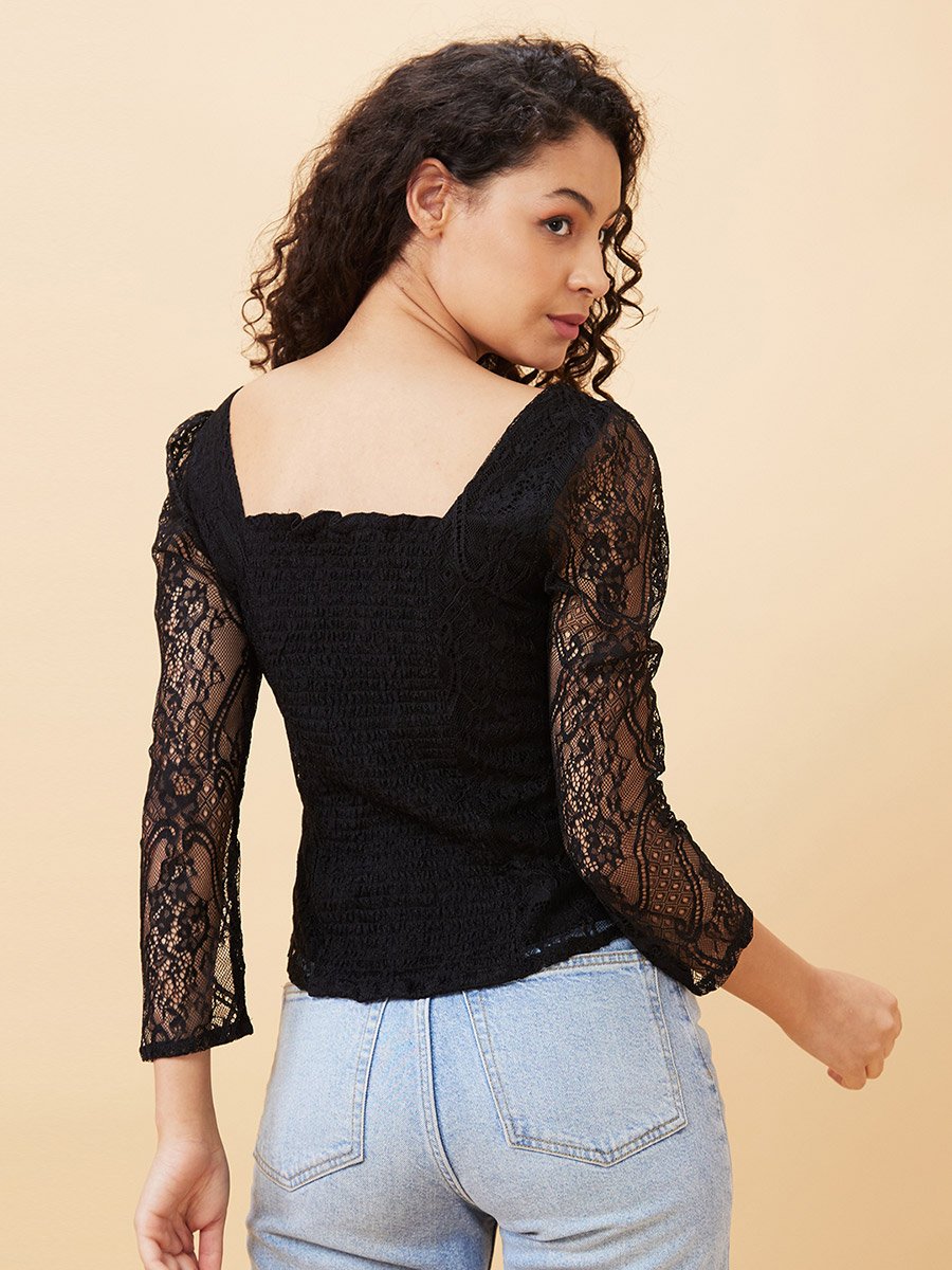 Sweetheart Neck Puff Sleeves Lace Top