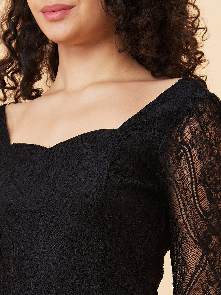 Sweetheart Neck Puff Sleeves Lace Top