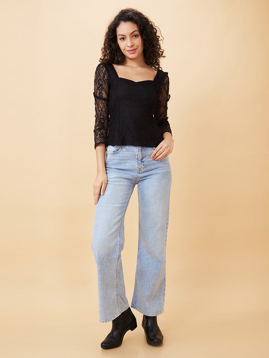 Sweetheart Neck Puff Sleeves Lace Top