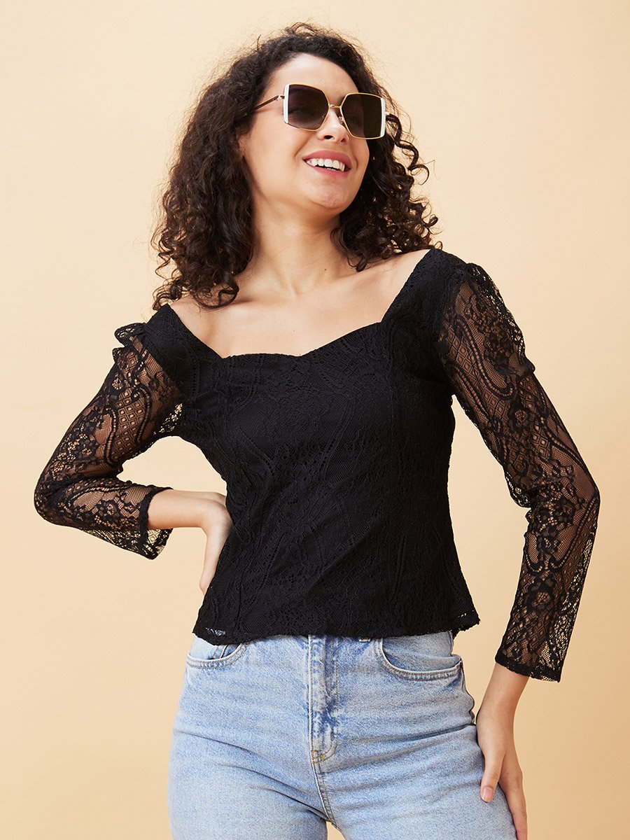 Sweetheart Neck Puff Sleeves Lace Top