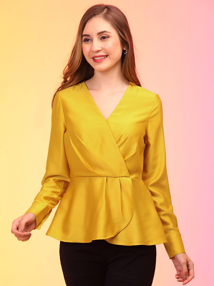 Solid V-Neck Long Sleeves Pleated Wrap Top