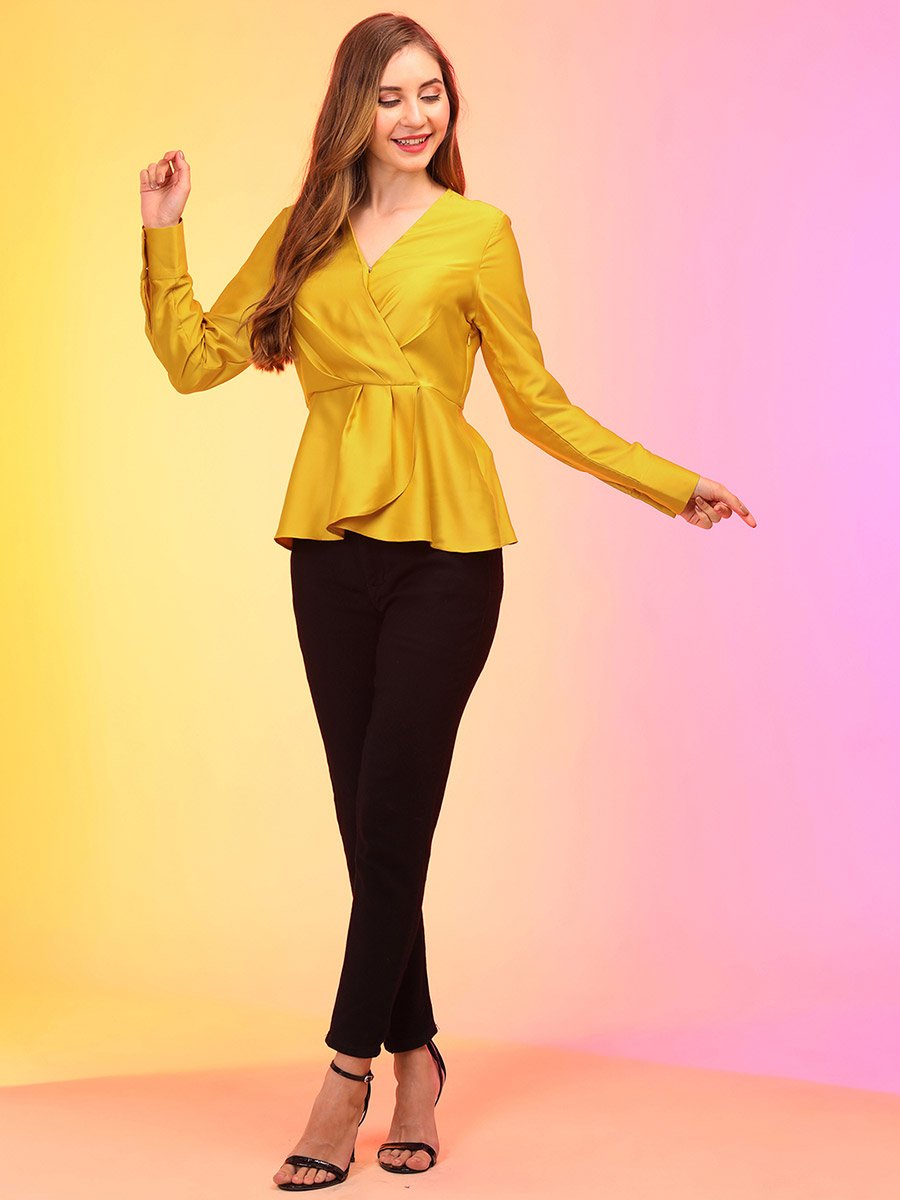 Solid V-Neck Long Sleeves Pleated Wrap Top