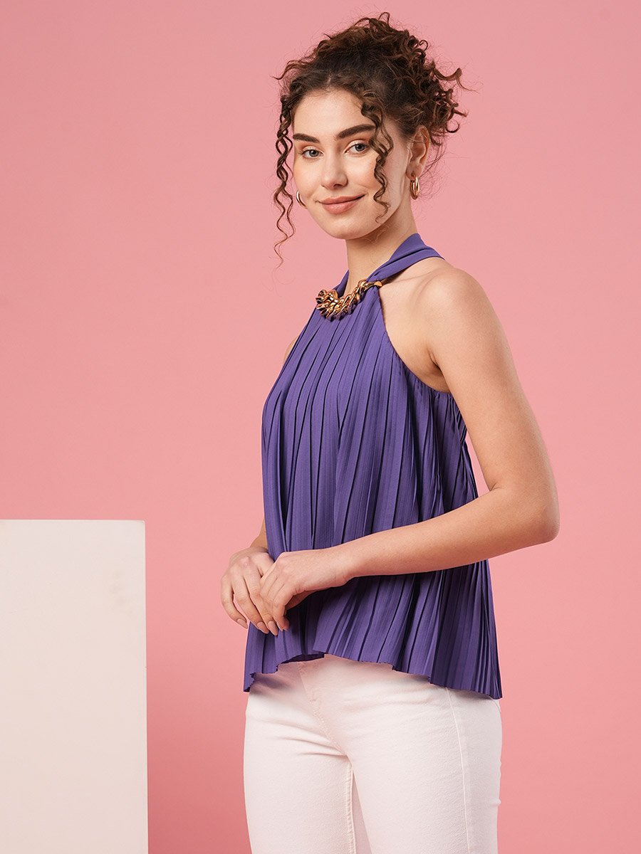 Women Purple Solid Accordion Pleated Top with Chain Detail