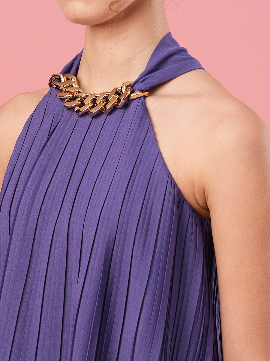 Women Purple Solid Accordion Pleated Top with Chain Detail