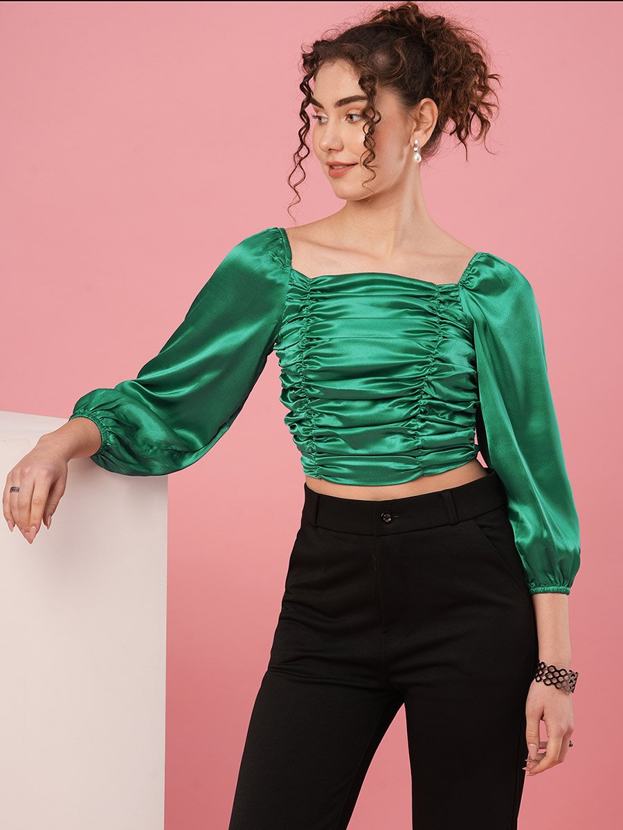 Solid Satin Ruched Detail Puff Sleeve Crop Top