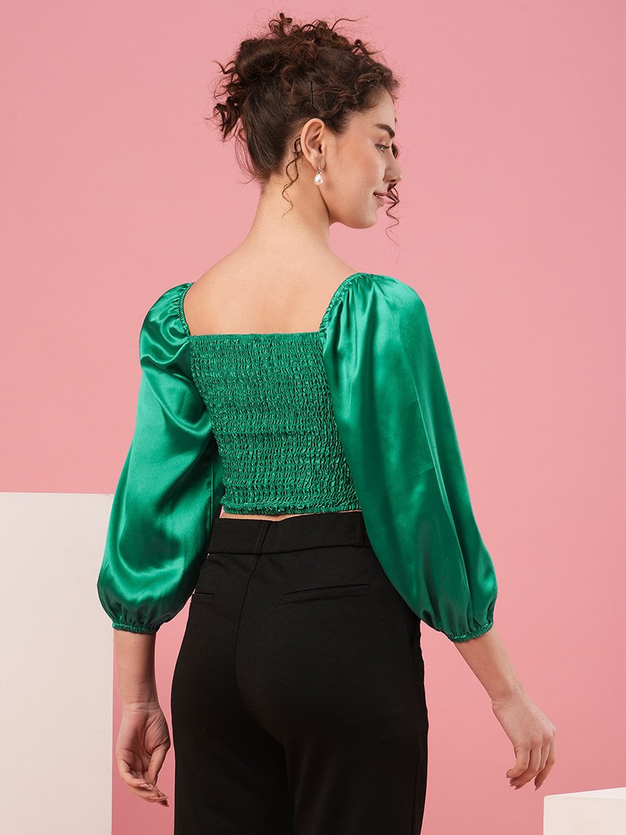 Solid Satin Ruched Detail Puff Sleeve Crop Top