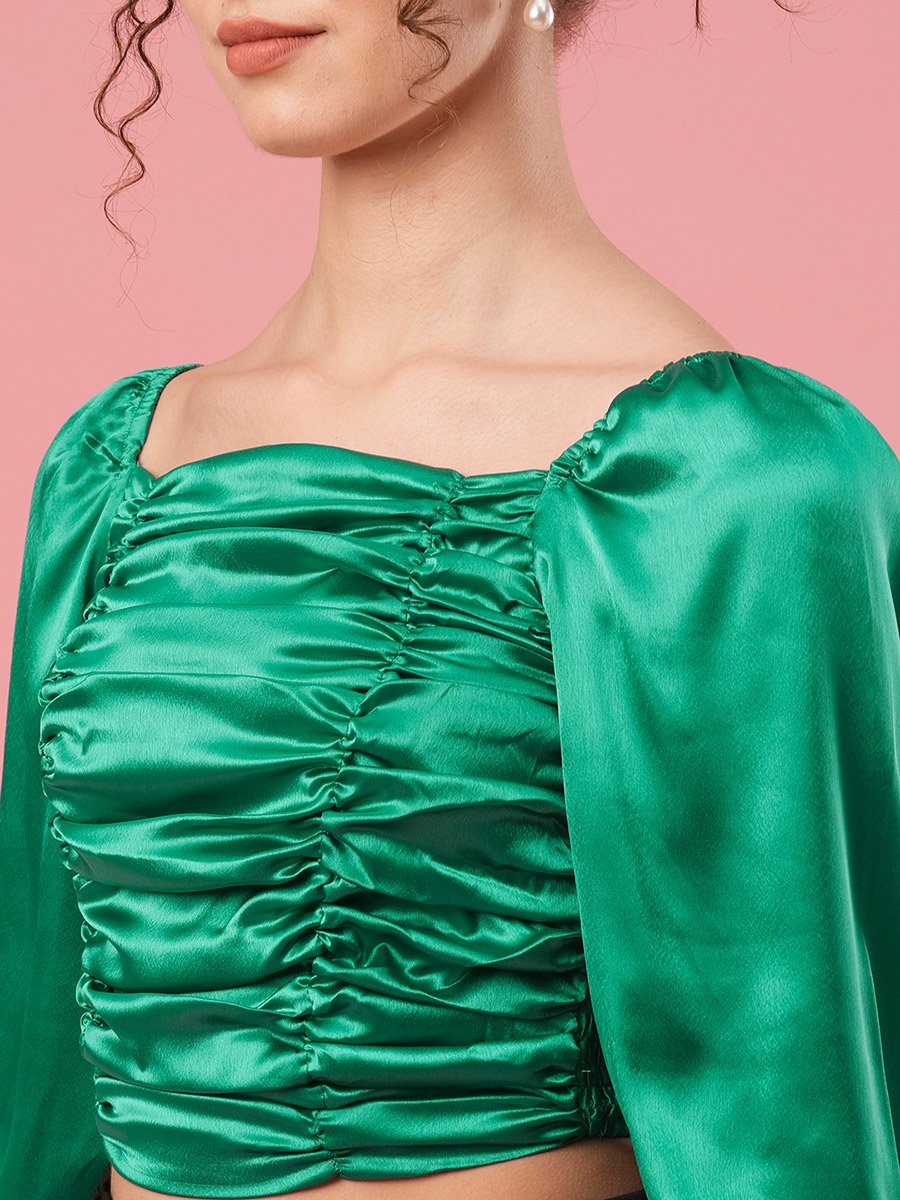Solid Satin Ruched Detail Puff Sleeve Crop Top