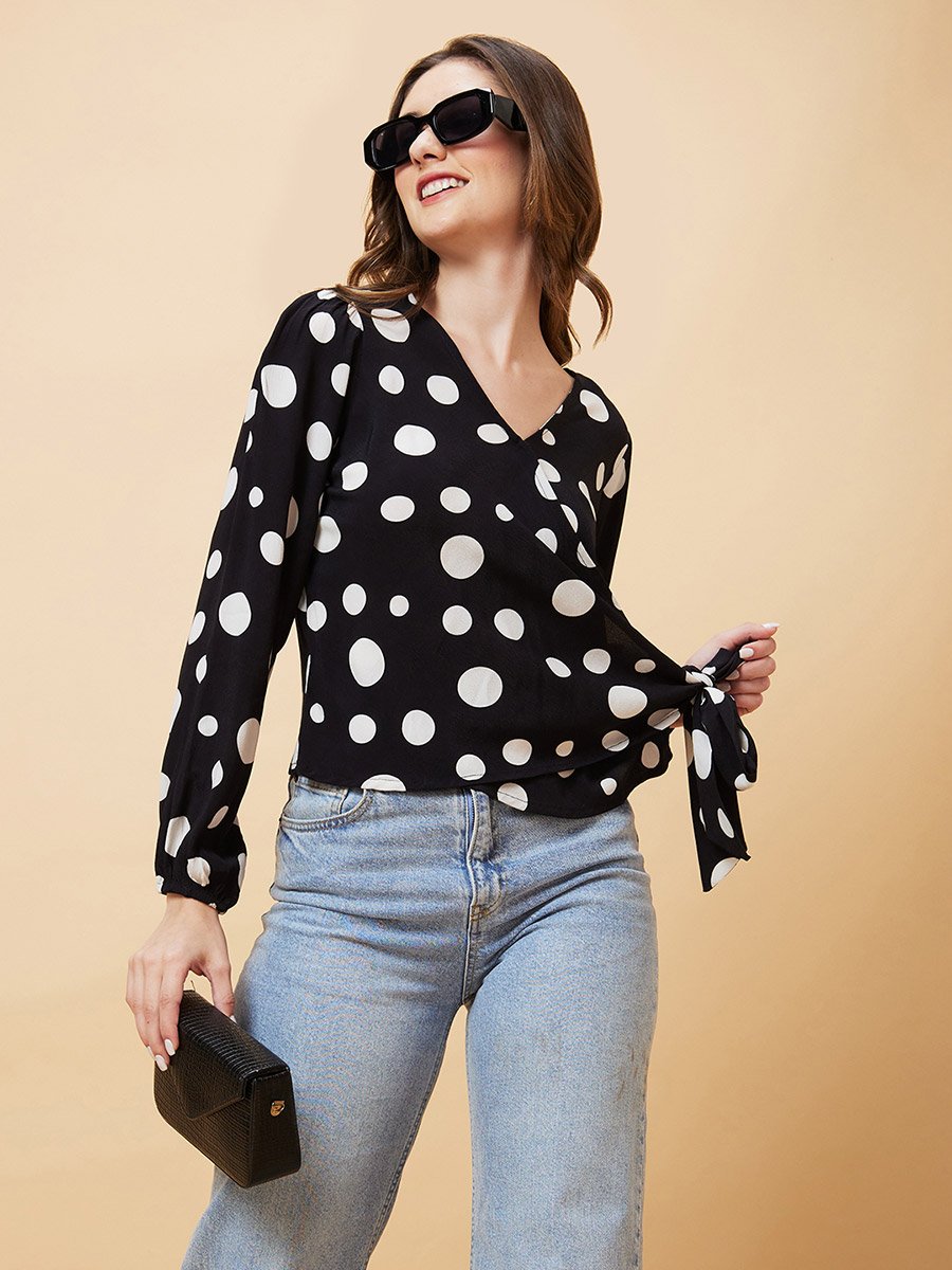 Polka Dots Print Tie-Up Wrap Top