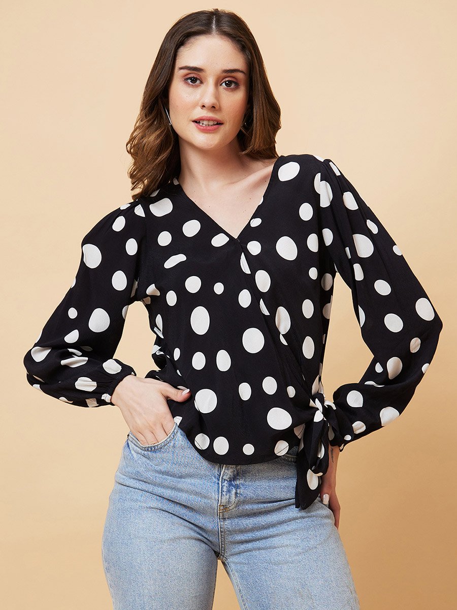 Polka Dots Print Tie-Up Wrap Top